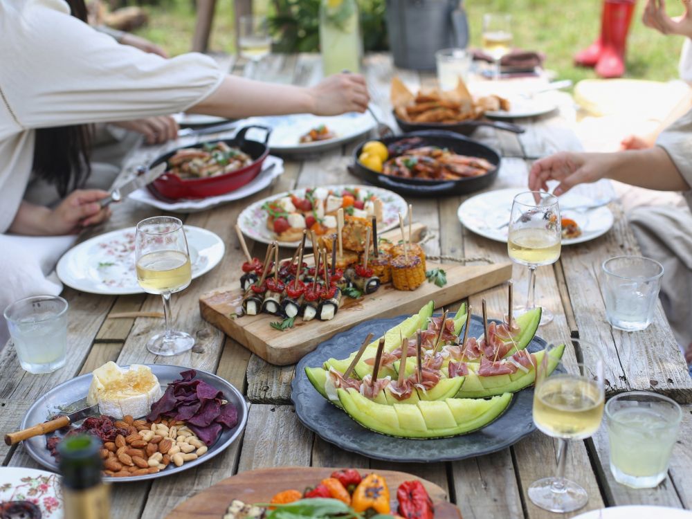 Food and drink on outdoor table