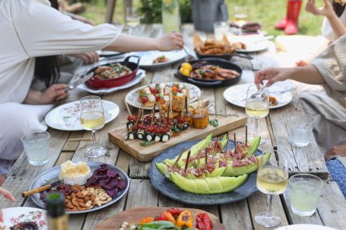 Food and drink on outdoor table