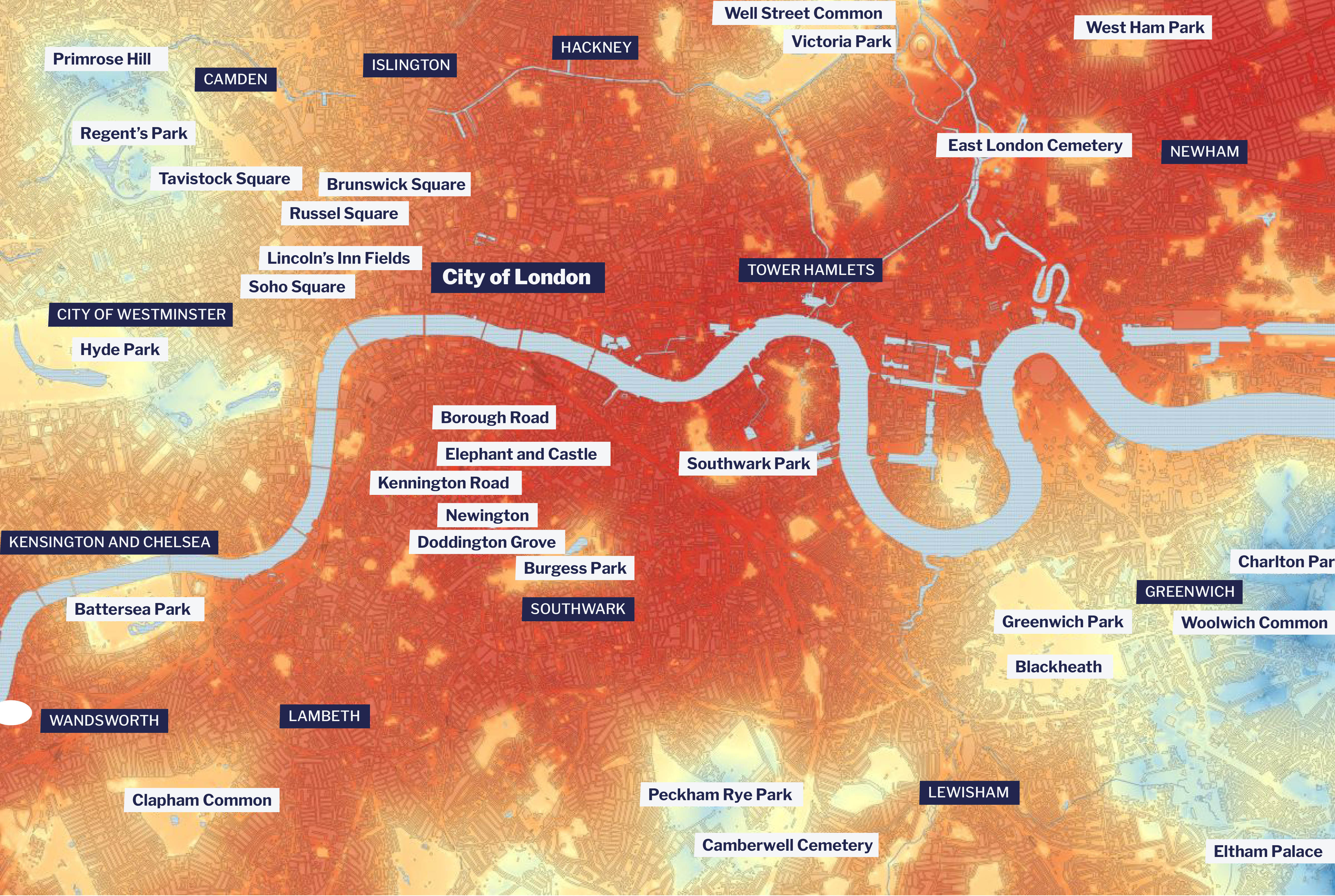 Map of London shaded to show the cooling effect of trees and green spaces