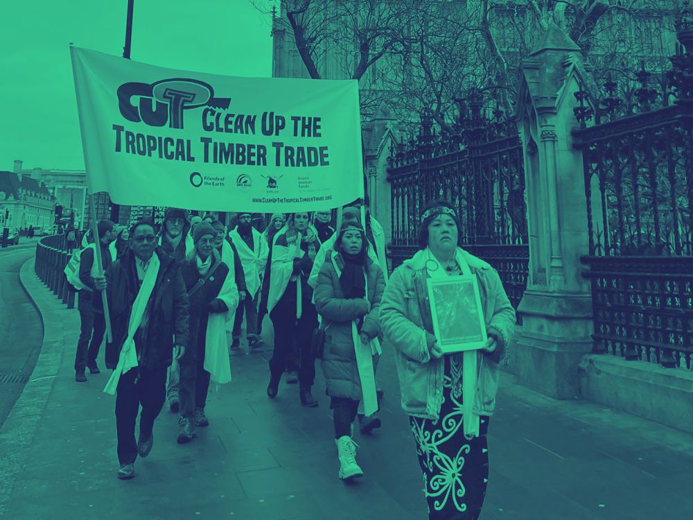 A group of activists marching down the street with a banner that reads "Clean Up the Tropical Timber Trade". The image has a green hue.