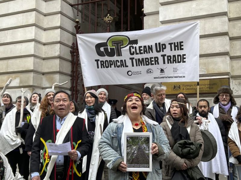 A group of activists stand in front of the Foreign, Commonwealth and Development Office holding a CUT (Clean Up the Tropical Timber Trade) banner