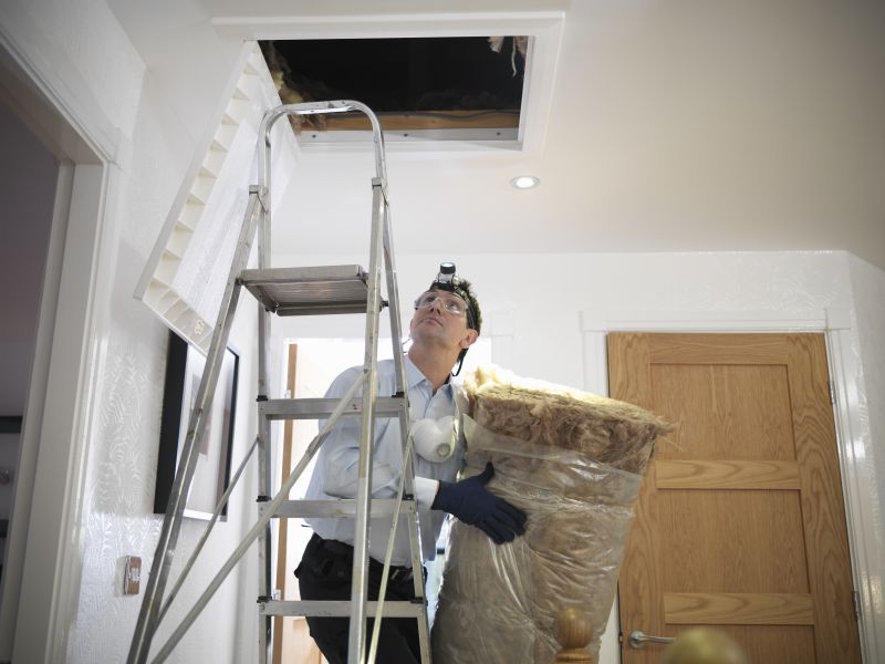 Man at home about to climb up a stepladder and install loft insulation