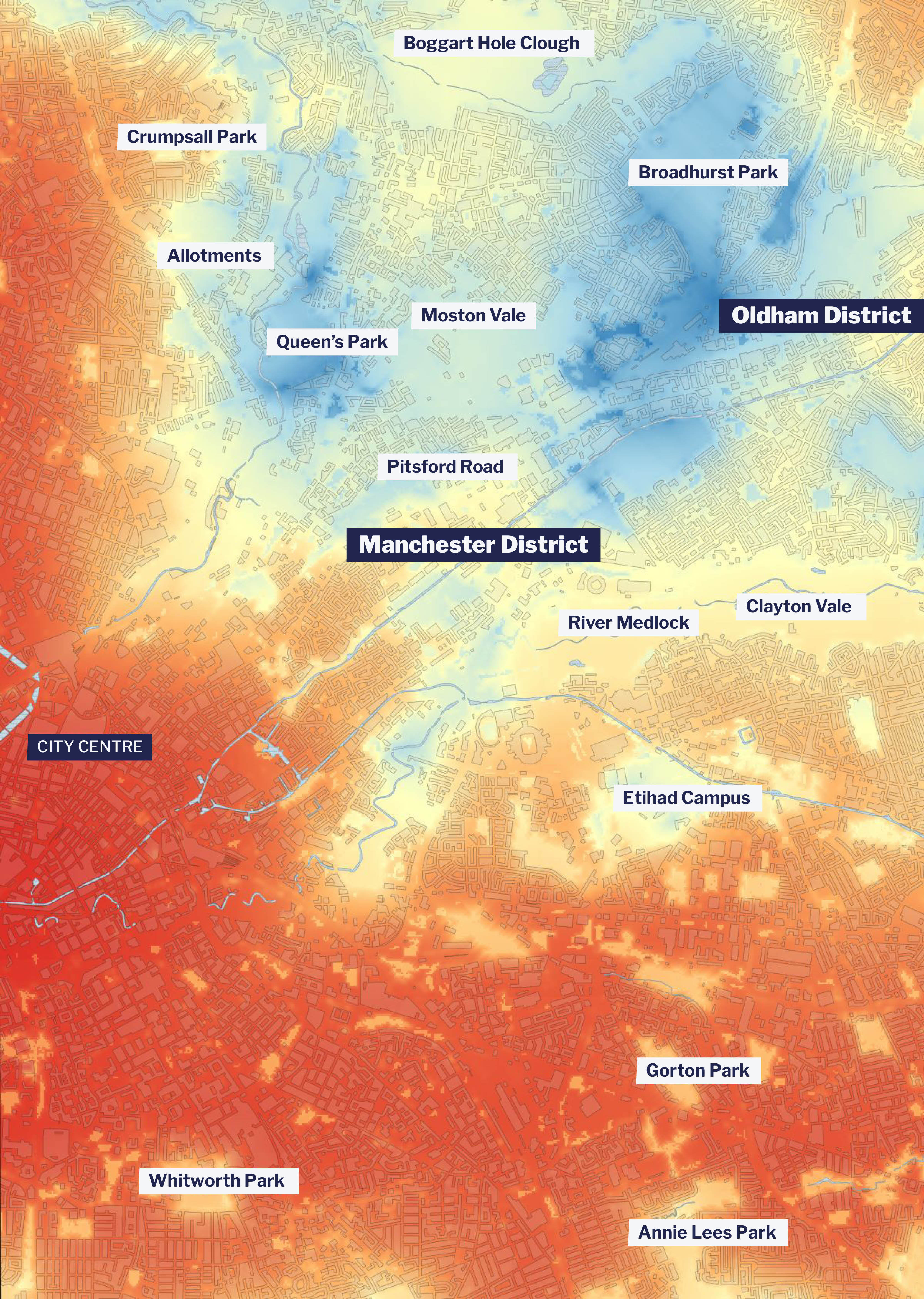 Map of Birmingham shaded to show the cooling effect of trees and green spaces