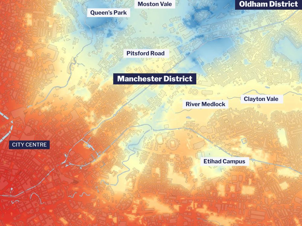 Map of Manchester showing cooling by trees and green spaces