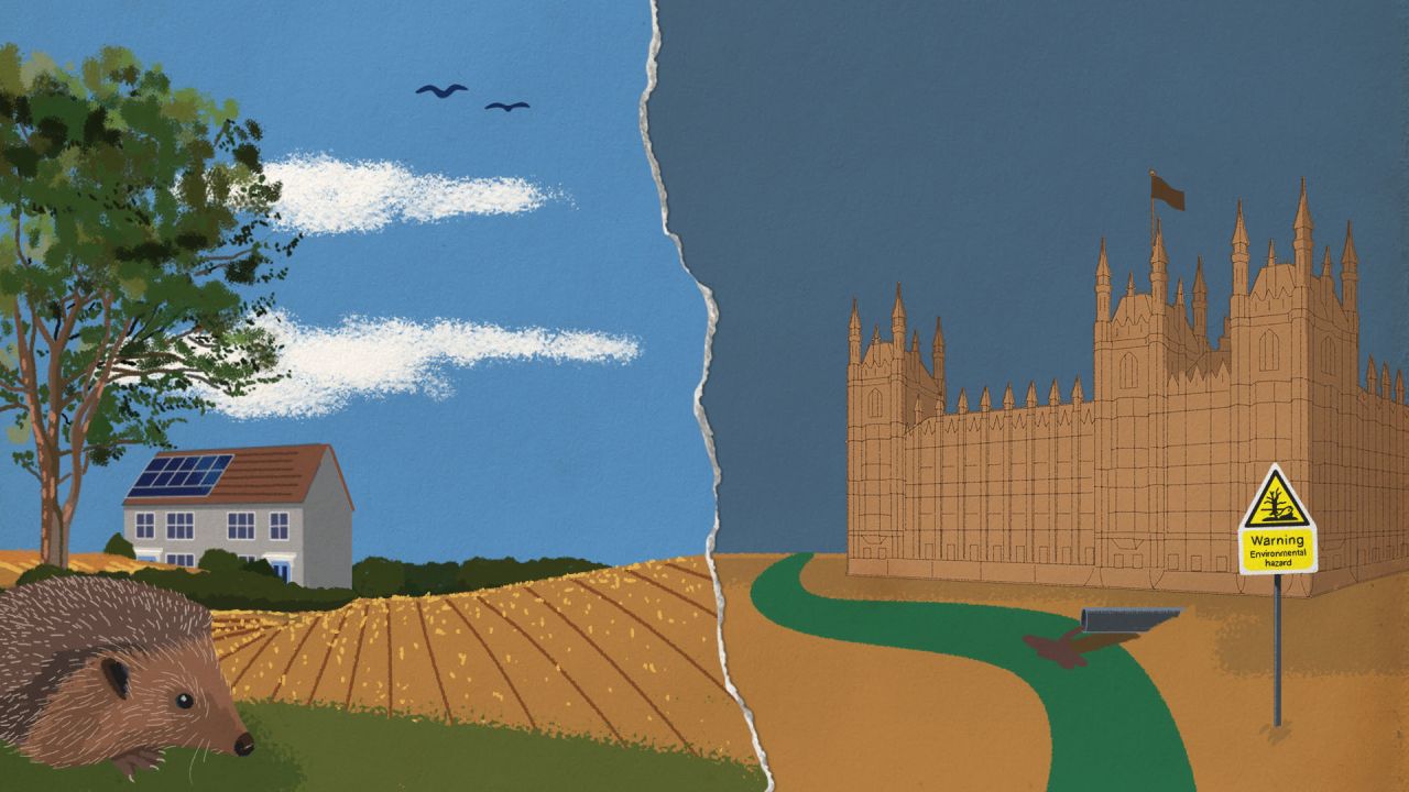 An illustrated graphic contrasting two scenes, with a tear down the middle. One side shows idyllic farmland with a hedgehog, and a house with solar panels. The other side shows the Houses of Parliament by a sewage-ridden river and a sign saying "Warning: Environmental hazard"