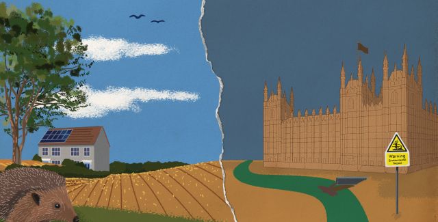 An illustrated graphic contrasting two scenes, with a tear down the middle. One side shows idyllic farmland with a hedgehog, and a house with solar panels. The other side shows the Houses of Parliament by a sewage-ridden river and a sign saying "Warning: Environmental hazard"