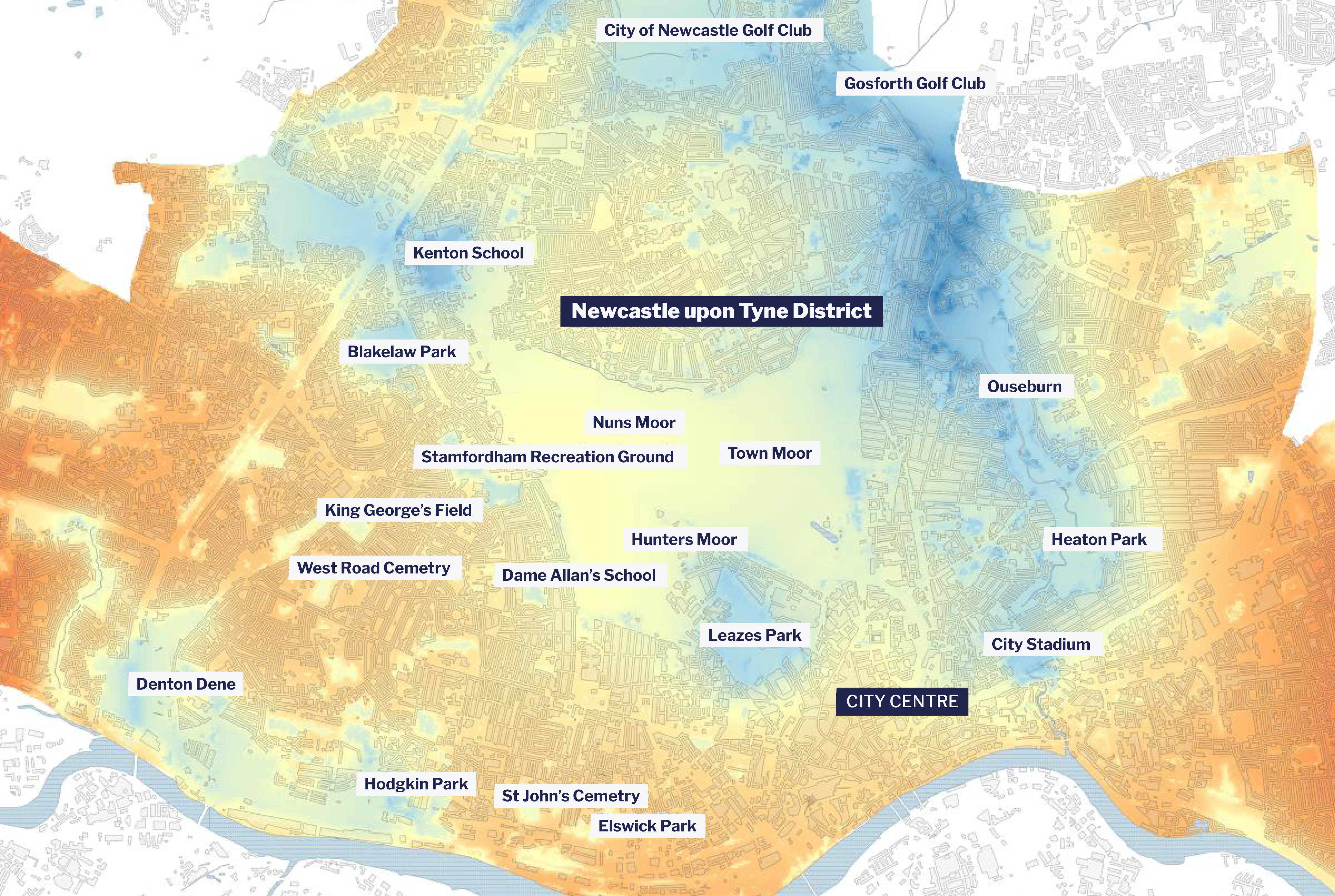 Map of Newcastle upon Tyne showing cooling by trees and green space