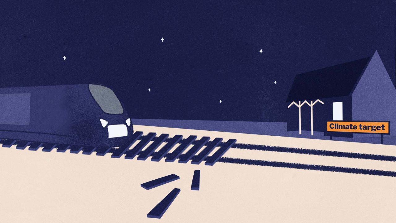 Illustration of a train heading on a track that's broken towards a destination called "climate target"