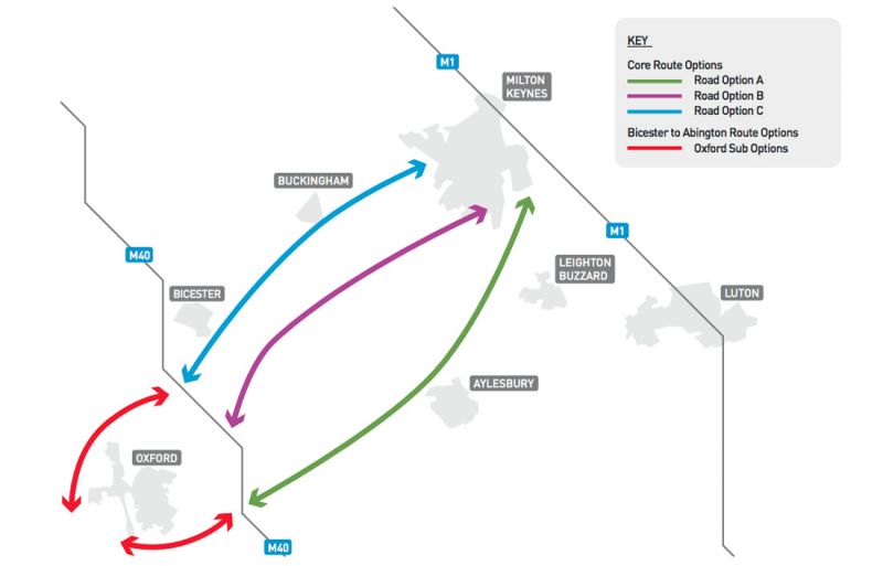 Map showing 3 options for expressway roads between Oxford and Milton Keynes