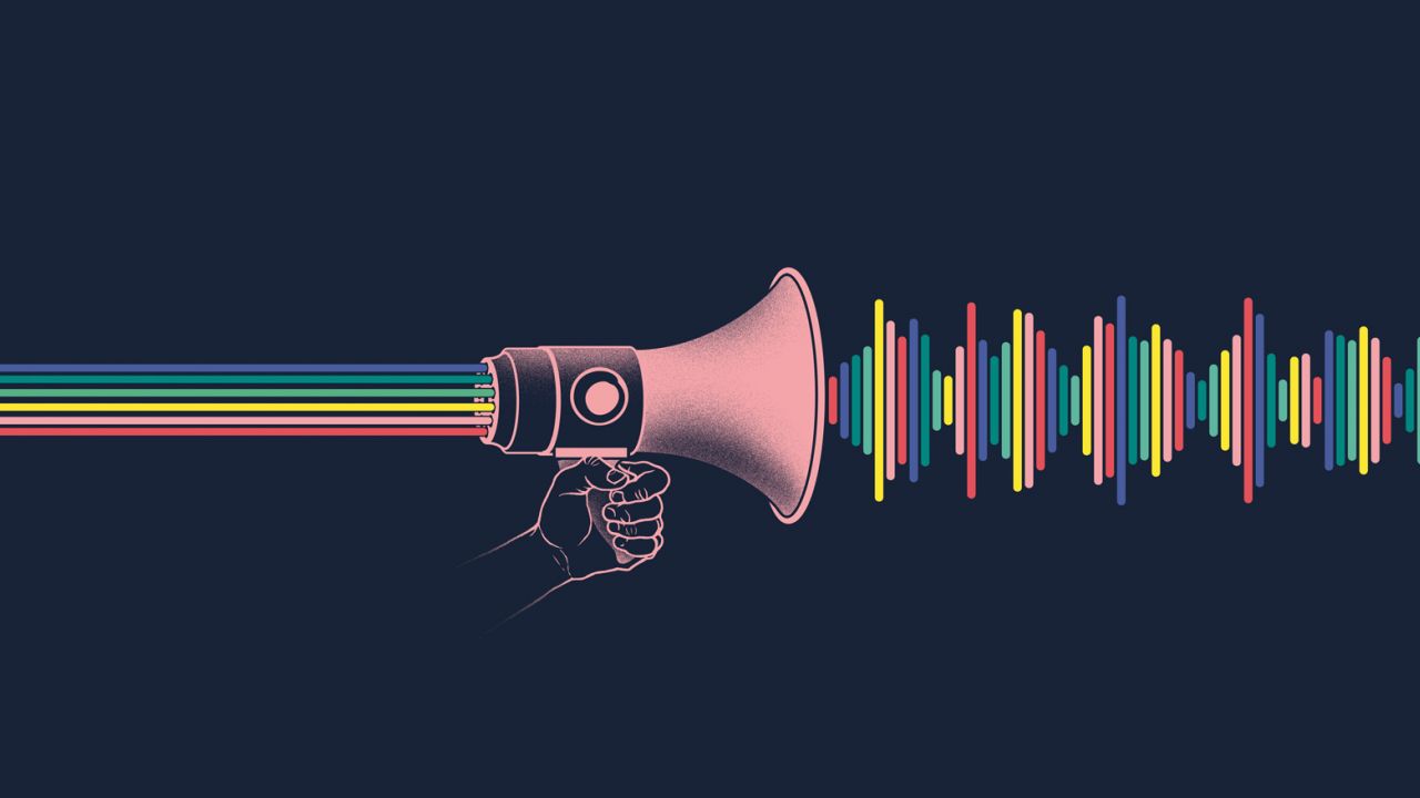 A megaphone with rainbow sound vibrations coming out of it