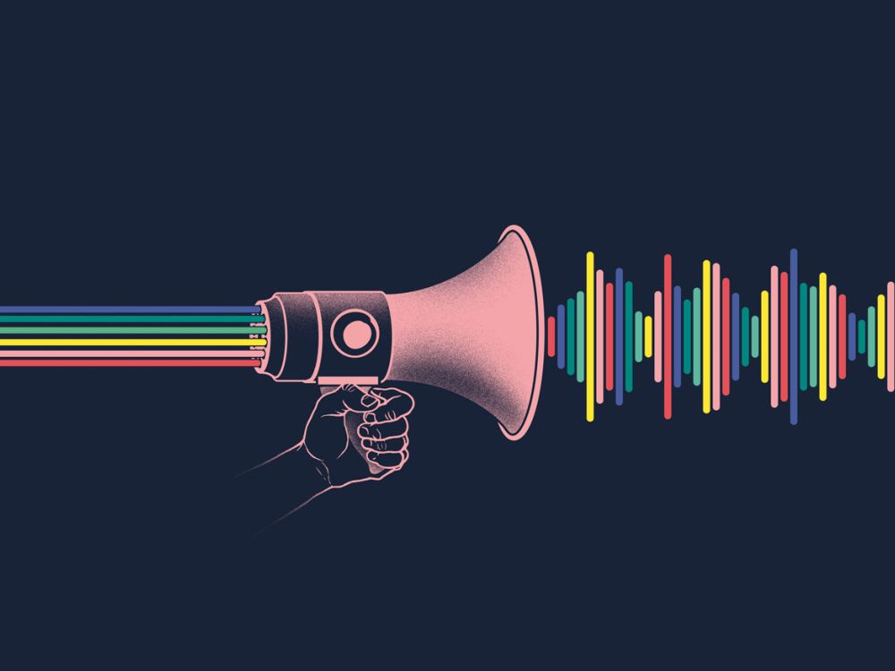 A megaphone with rainbow sound vibrations coming out of it