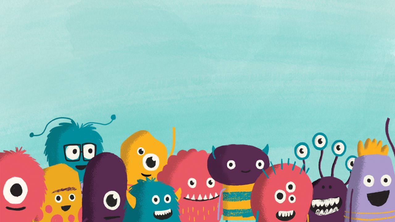 Some monsters smile at the viewer under a bright blue sky