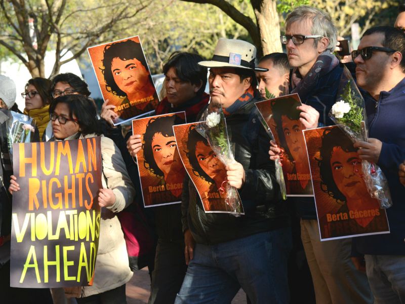 People protesting the death of indigenous activist Berta Cáceres who was shot dead at her home in Honduras.