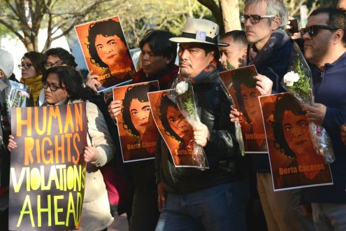 People protesting the death of indigenous activist Berta Cáceres who was shot dead at her home in Honduras.
