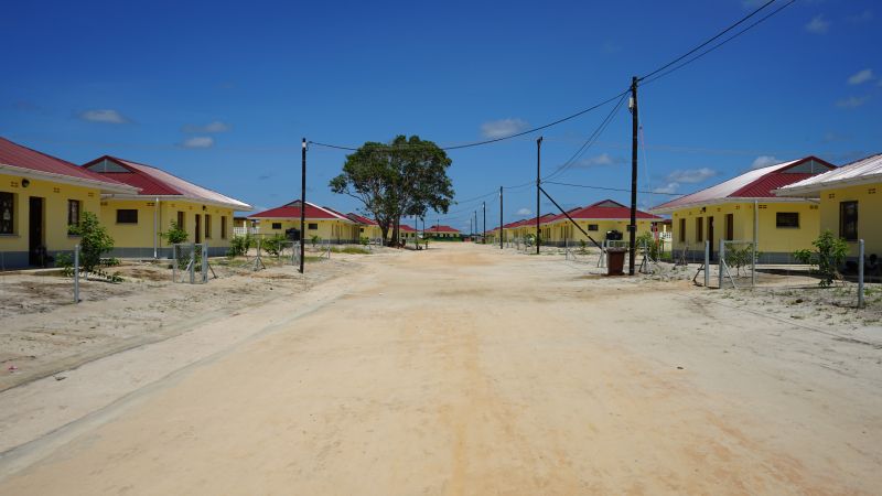 An empty relocation village with one tree and dust roads