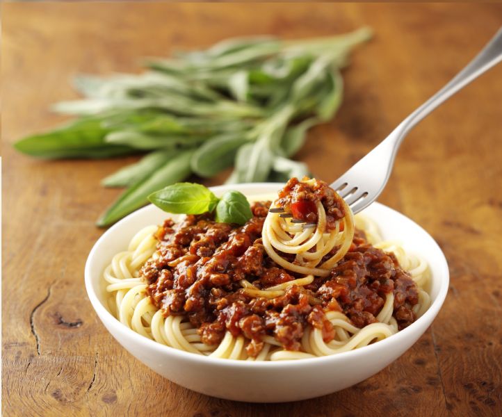 bowl of meat free spaghetti bolognese made with quorn