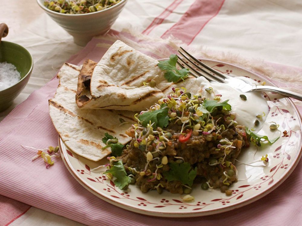 Rhubarb vegetarian curry with Indian flatbread