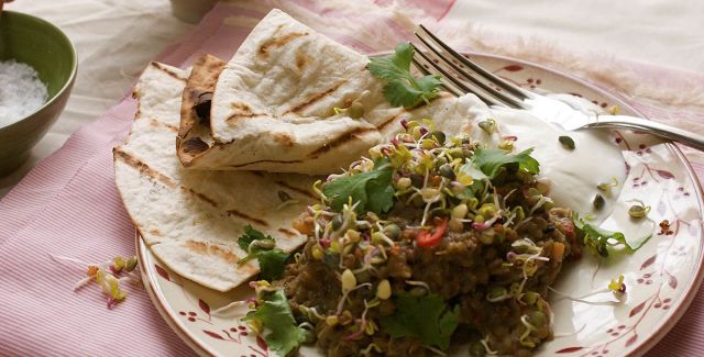 Rhubarb vegetarian curry with Indian flatbread