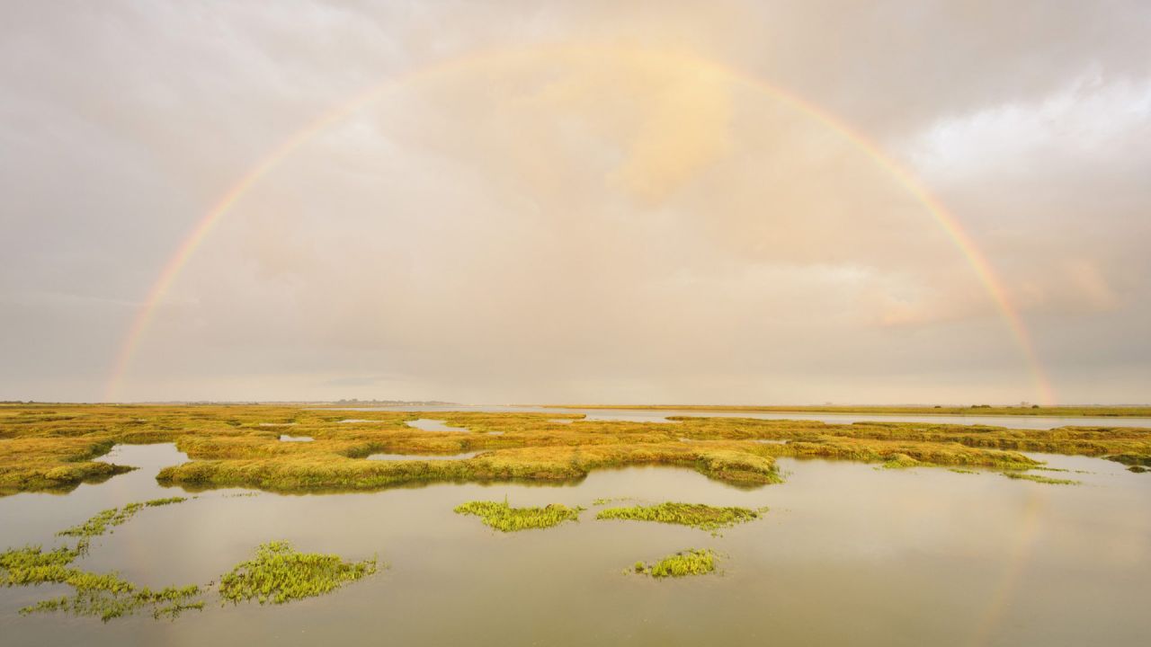 Saltmarsh, Abbotts-Hall-Farm, Essex. Water marshland and large rainbow in cloudy sky.