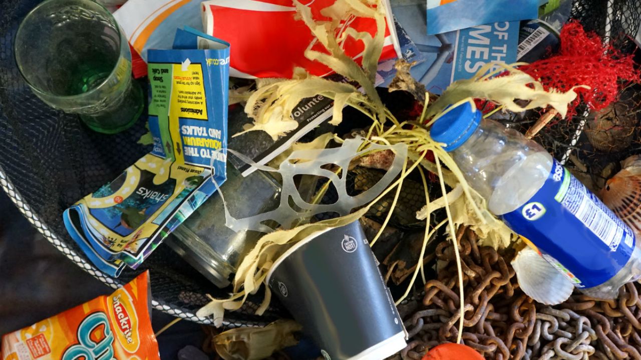 Plastic rubbish in a seaside bin