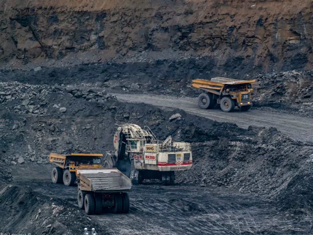 Diggers and other heavy vehicles at Shotton opencast coal mine in Northumberland