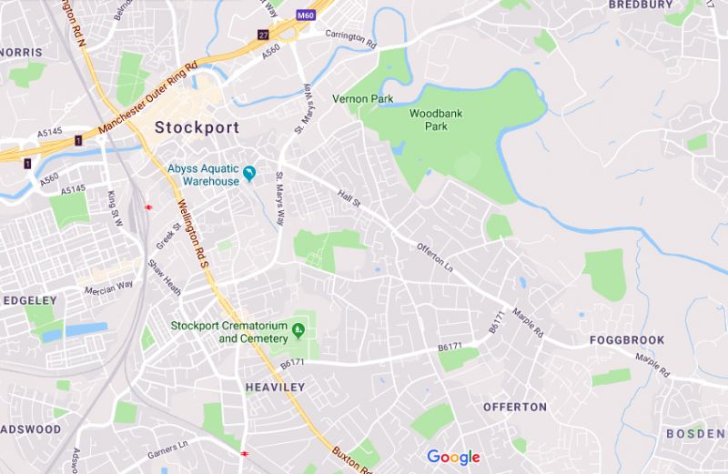 Google map showing Stockport centre south east to Foggbrook