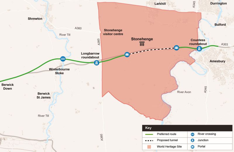Highways England map showing proposed tunnel route through Stonehenge landscape