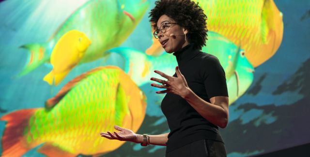 A woman is speaking passionately, and in the background is digital images of beautiful, tropical fish