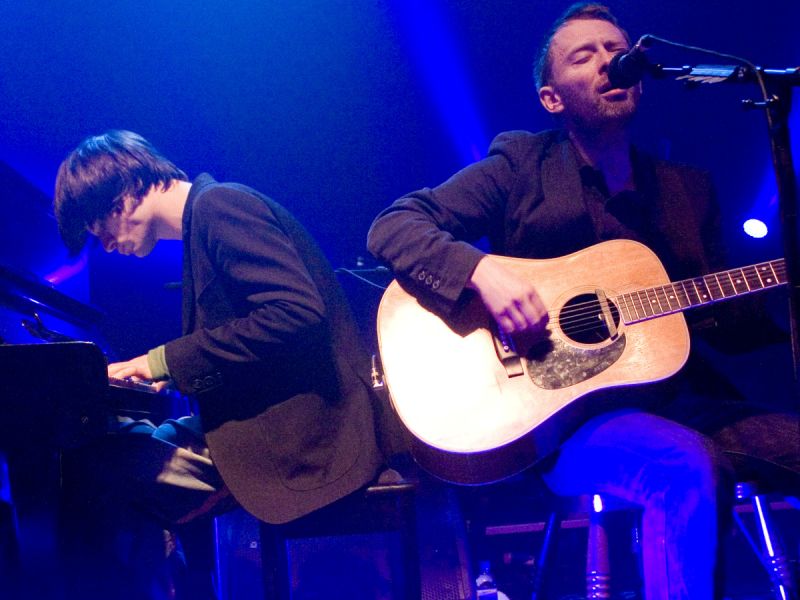 Thom Yorke and Jonny Greenwood (Radiohead) performing an acoustic set at The Big Ask Live climate change benefit gig at Koko, Camden.