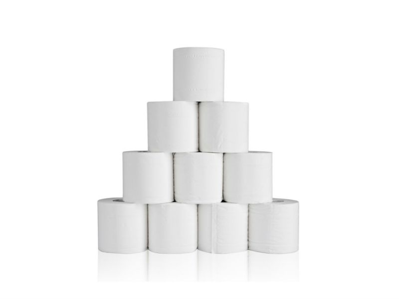 A wall of white toilet paper rolls