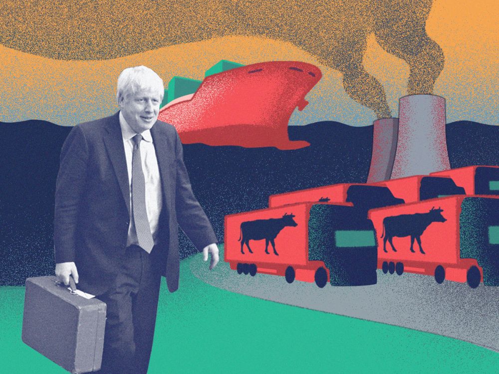 Boris Johnson walking with briefcase with illustration of lorries and ships in the background