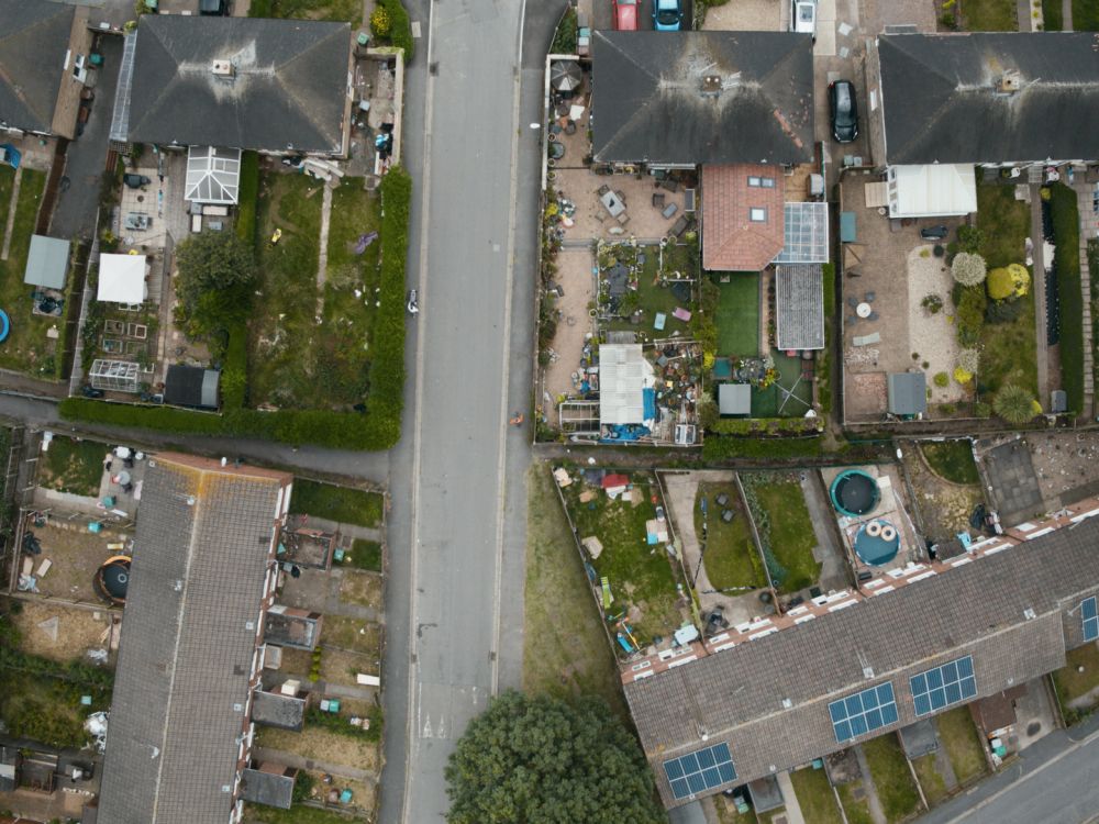 aerial photo of houses and gardens