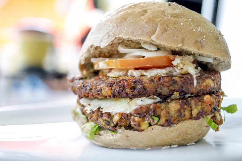 Barbecued vegan burger in bun