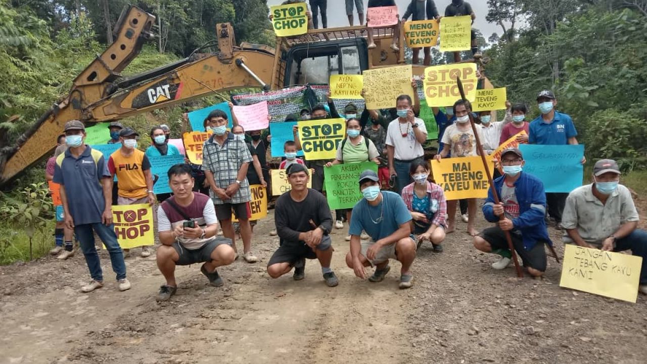 A group of villagers surround a digger holding signs saying "Stop the chop"