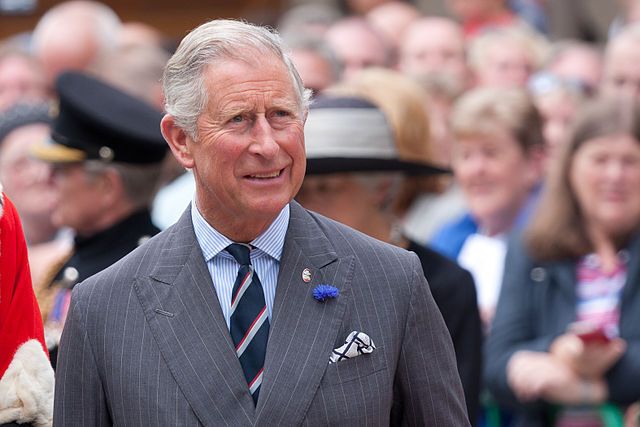 A photo of King Charles III, smiling and looking off camera. He is wearing a suit and tie and in the background is people, blurred. He looks like he's at a royal event.
