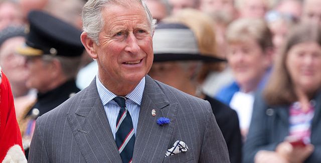 A photo of King Charles III, smiling and looking off camera. He is wearing a suit and tie and in the background is people, blurred. He looks like he's at a royal event.