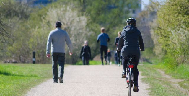 People walking and cycling in a park