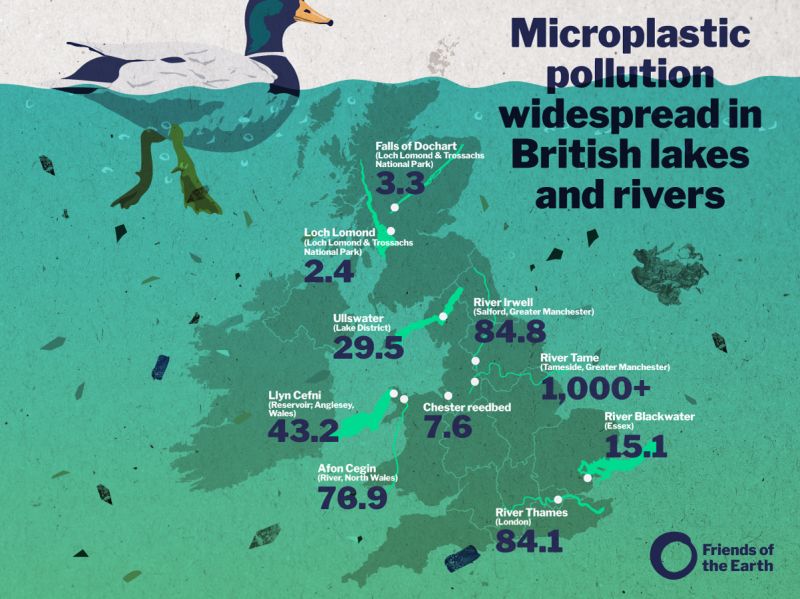 A map of Britain showing the waterways we tested for microplastics and the amount of pollutants per litre