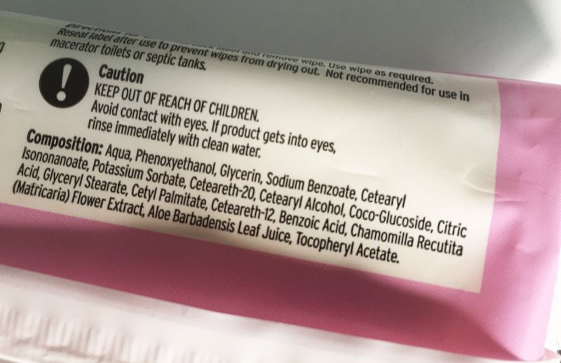Ingredients listed on pack of wet wipes