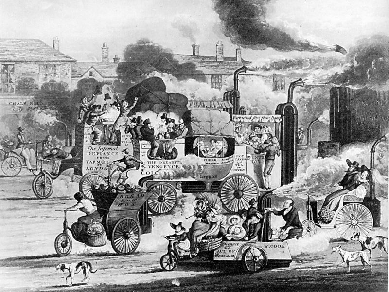A satire on the coming age of free-running steam carriages (which largely never materialized, but see Walter Hancock). The two large steam coaches are named "The Infernal Defiance — From Yarmouth to London" and "The Dreadful Vengeance — Colchester, London". On the rear of the coach in front is a banner proclaiming "Warranted free from Damp", the small delivery wagon has "Bread served Hot" on its side, and the service station proclaims "Coals Sold Here: only 4s. 6d. per Pound"