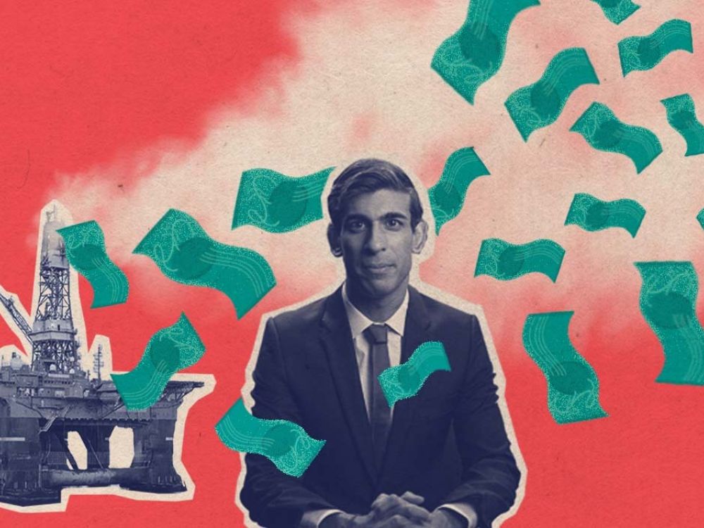 Designed image of Rishi Sunak surrounded by money and gas towers