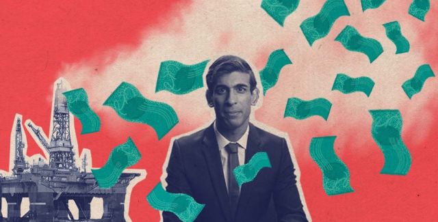 Designed image of Rishi Sunak surrounded by money and gas towers