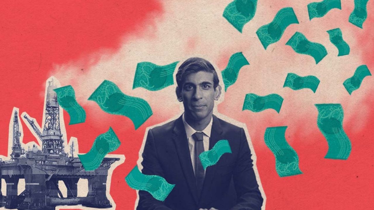 Designed image of Rishi Sunak surrounded by money and gas towers