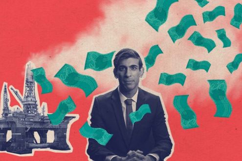 Designed image of Rishi Sunak surrounded by money and gas towers