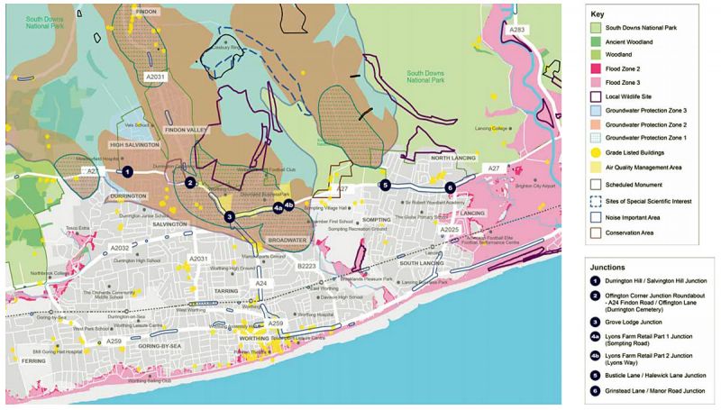 Map showing Worthing area road development plans, with environmental considerations