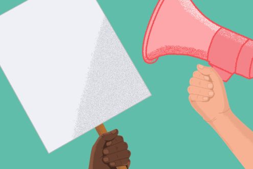 A graphic illustration of two different hands - one holding a placard, one holding a megaphone
