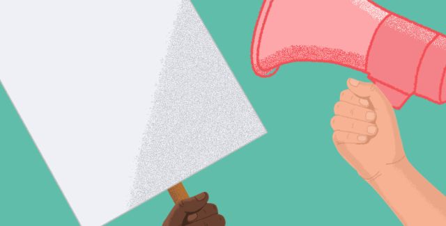 A graphic illustration of two different hands - one holding a placard, one holding a megaphone