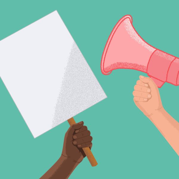 A graphic illustration of two different hands - one holding a placard, one holding a megaphone