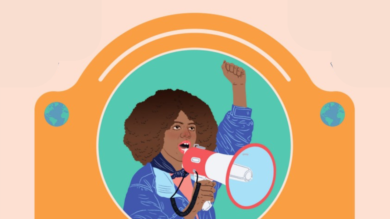 An illustration of a woman speaking into a megaphone with her first in the air. She looks passionate