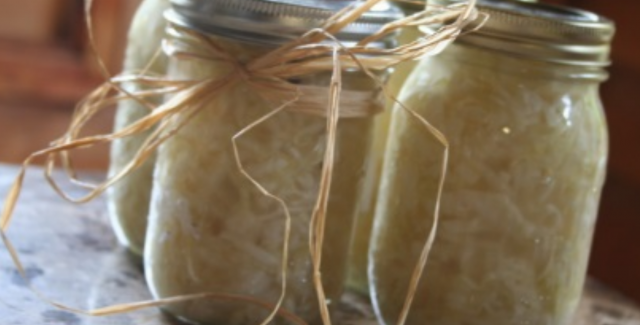 Homemade sauerkraut (fermented cabbage) preserved in 4 gift jars